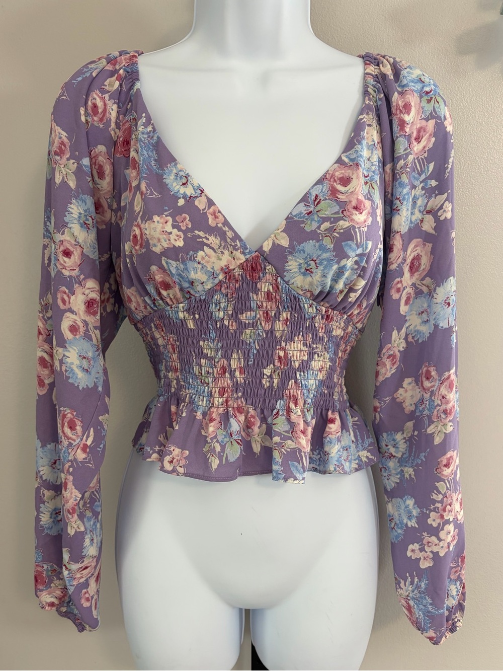 Wayf Lavender Floral Smocked Peplum Blouse